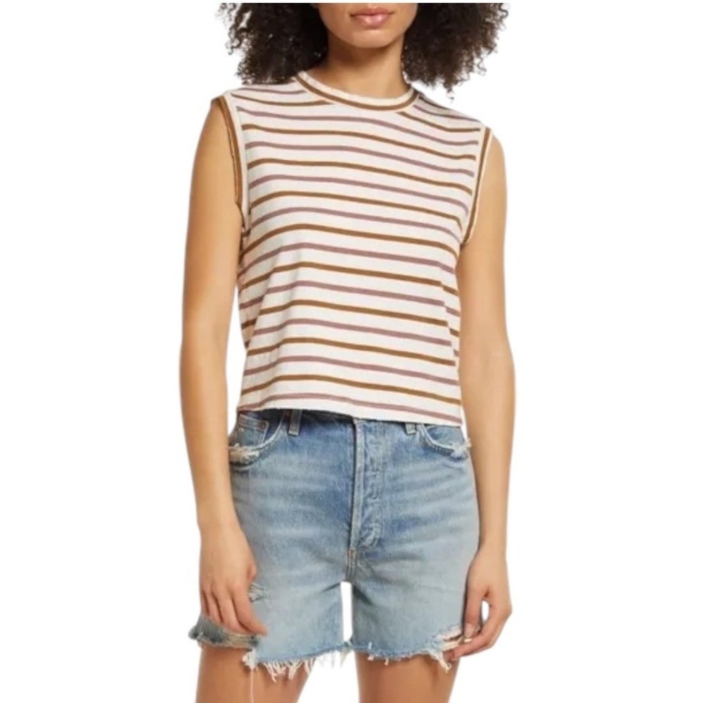 AMO Shirt Women Large White Brown Babe Striped Cotton Tank Top Cropped Crew Neck